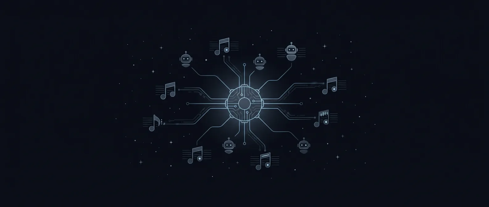Illustration of a central AI orchestrator agent connected to smaller agent and music-note nodes