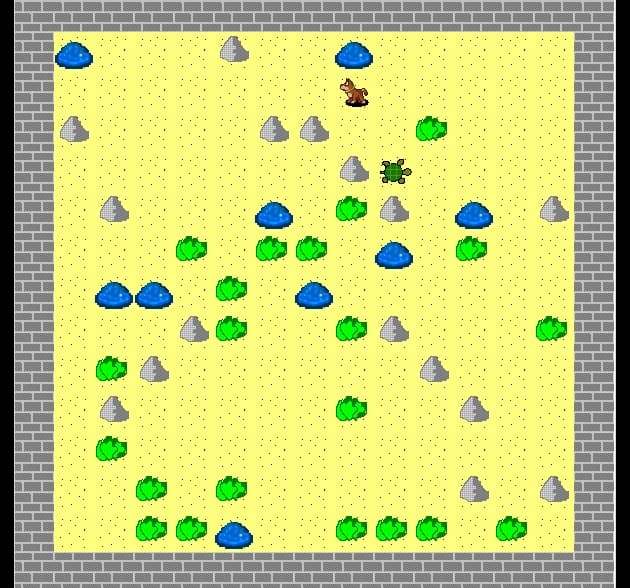 Top-down grid game screenshot showing a tortoise agent, lettuce, water and rocks scattered across a yellow arena, with a dog roaming nearby